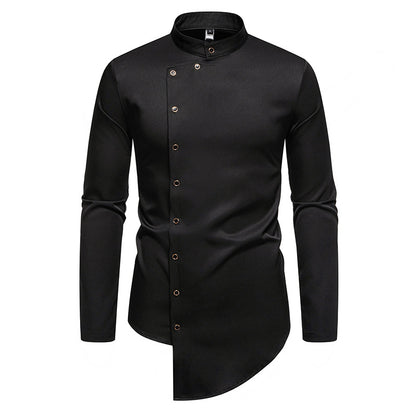Men's modern cut long-sleeve shirt with asymmetrical button placket and stand collar Skorter