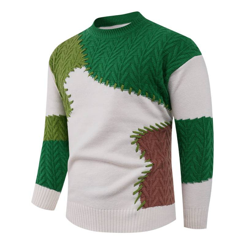 Men's Stylish Knit Sweater with Creative Patchwork Design Skorter