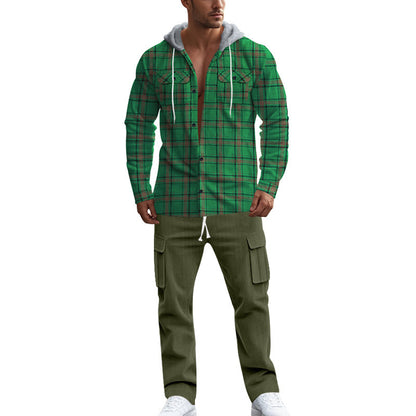 Men's plaid leisure shirt with hood and practical kangaroo pockets Skorter