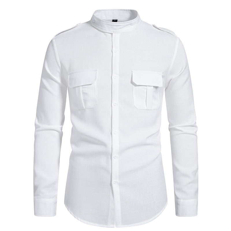 Men's long sleeve shirt with elegant breast pockets and modern stand-up collar Skorter