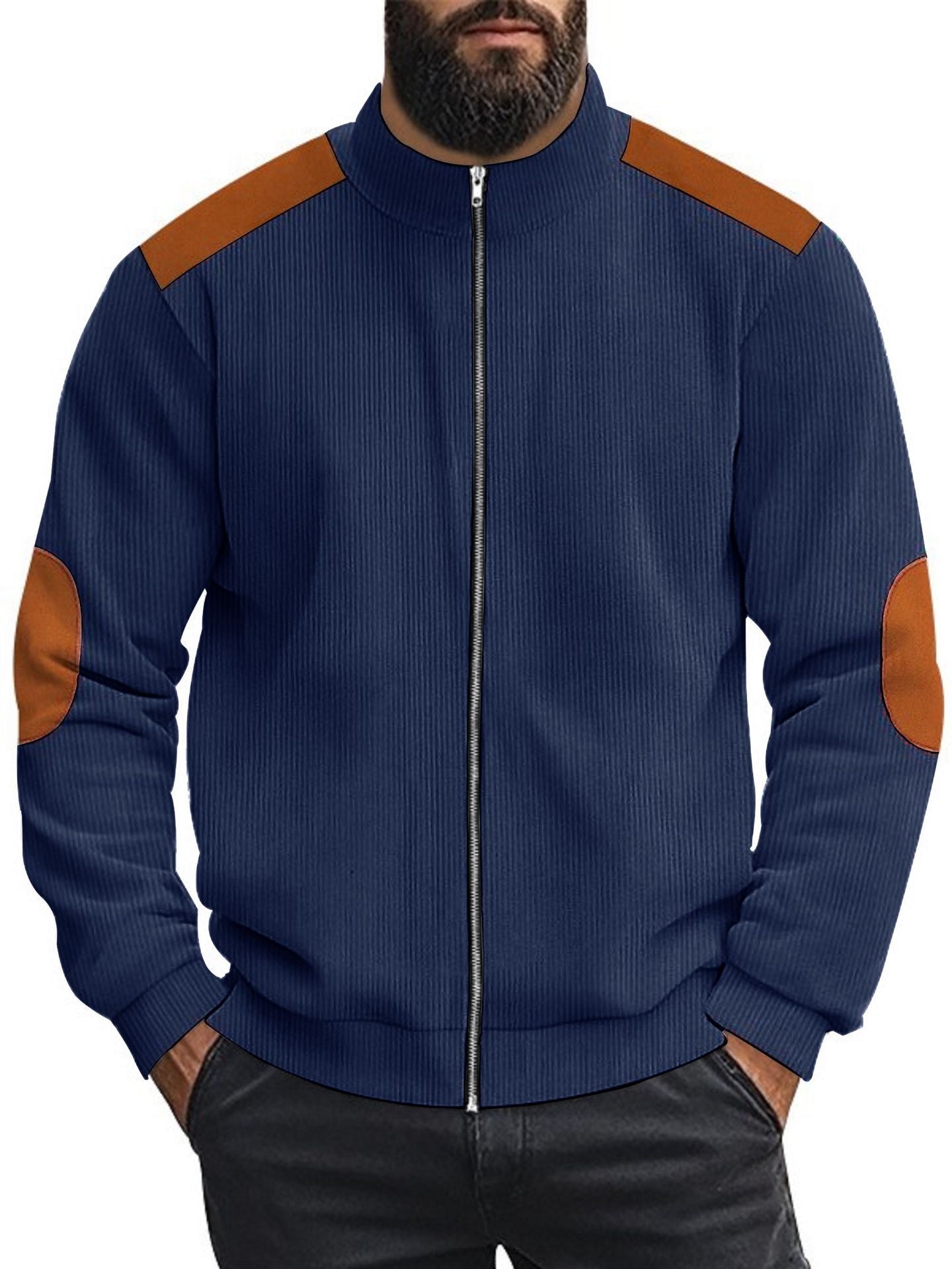 Men's cardigan with modern leather accents and high closed collar Skorter