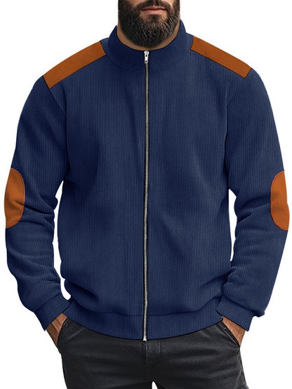Men's cardigan with modern leather accents and high closed collar Skorter