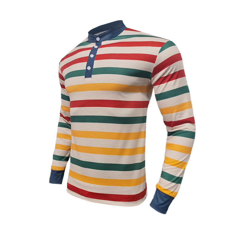 Men's Long Sleeve Shirt with Textured Striped Pattern and Sporty Collar Skorter