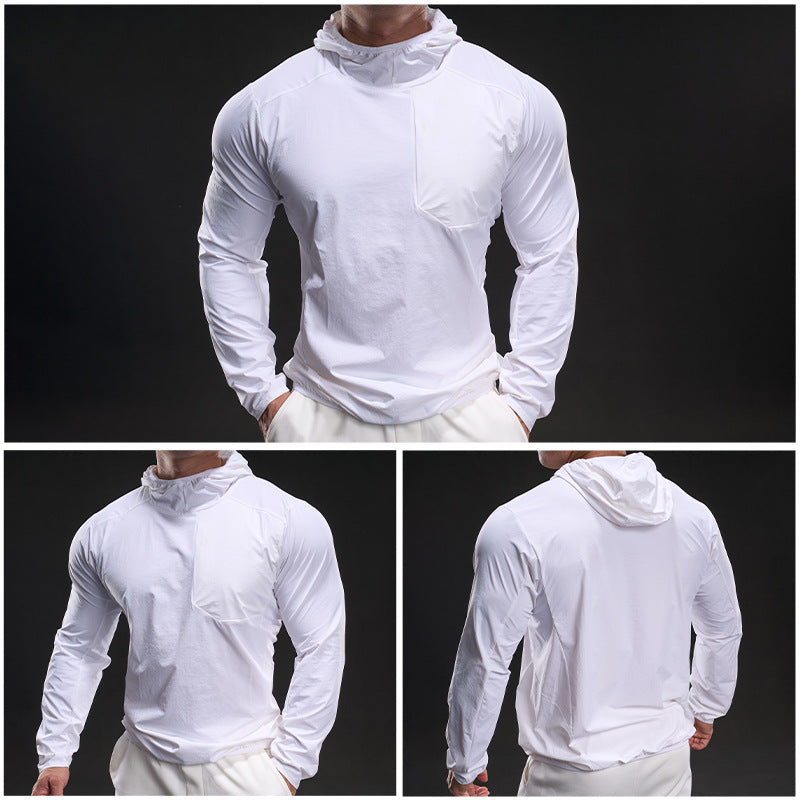 Andningsbar herrträningstopp med huva och dragkedja i fickan Skorter