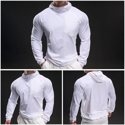 Andningsbar herrträningstopp med huva och dragkedja i fickan Skorter