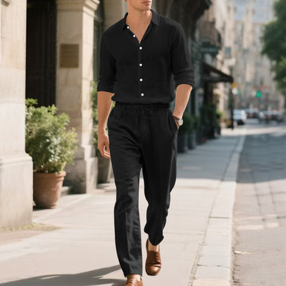 Herrbyxor i luftigt linne med justerbar midja och sidfickor Skorter