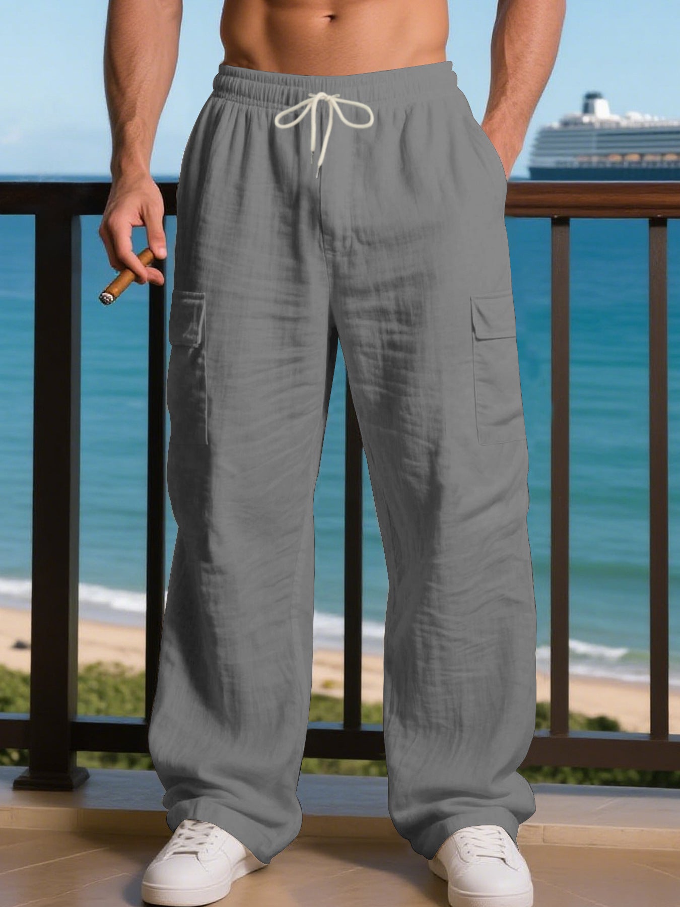 Men's relaxed cargo pants with elastic waistband and practical side pockets Skorter