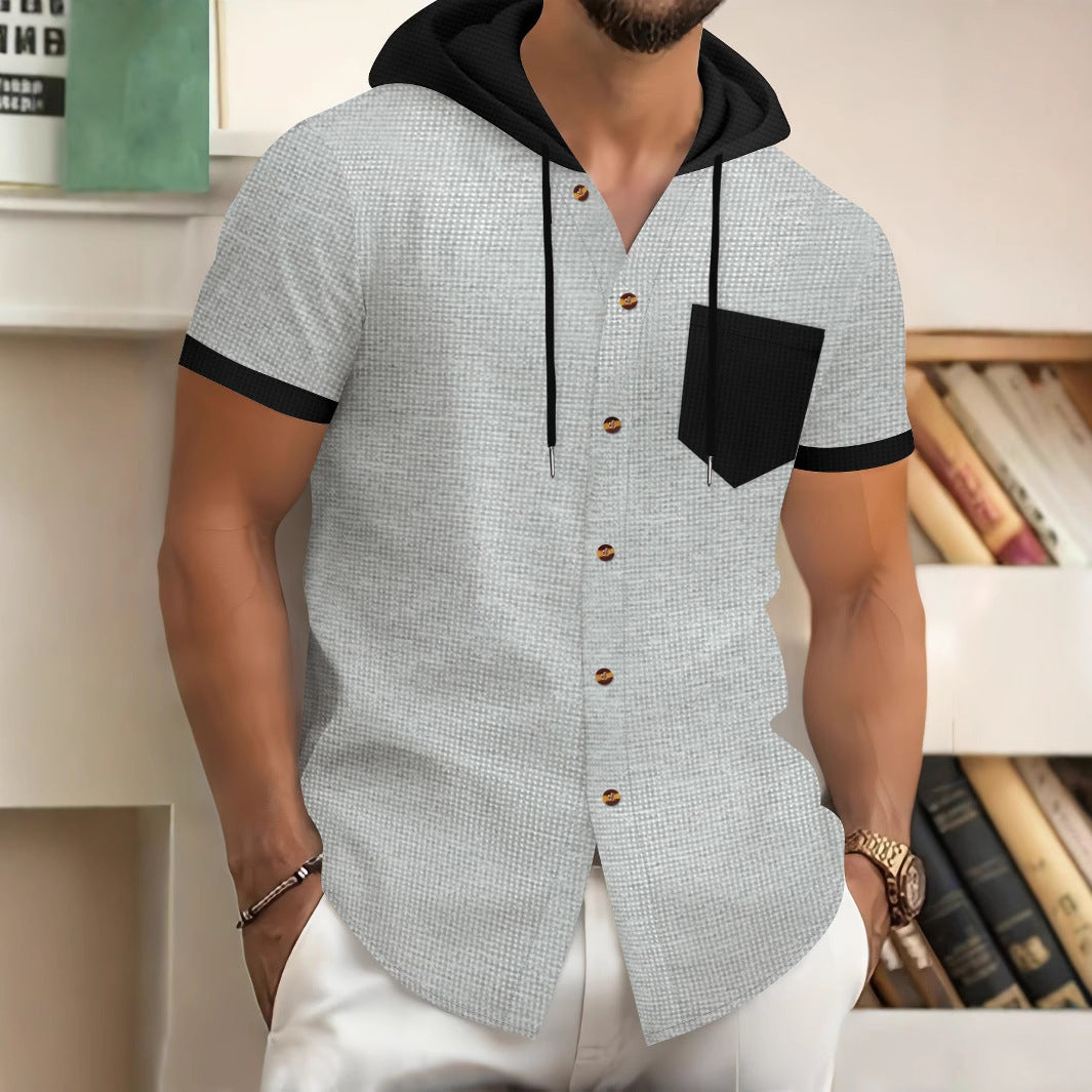 Men's stylish short-sleeve shirt with integrated hood and practical chest pocket Skorter