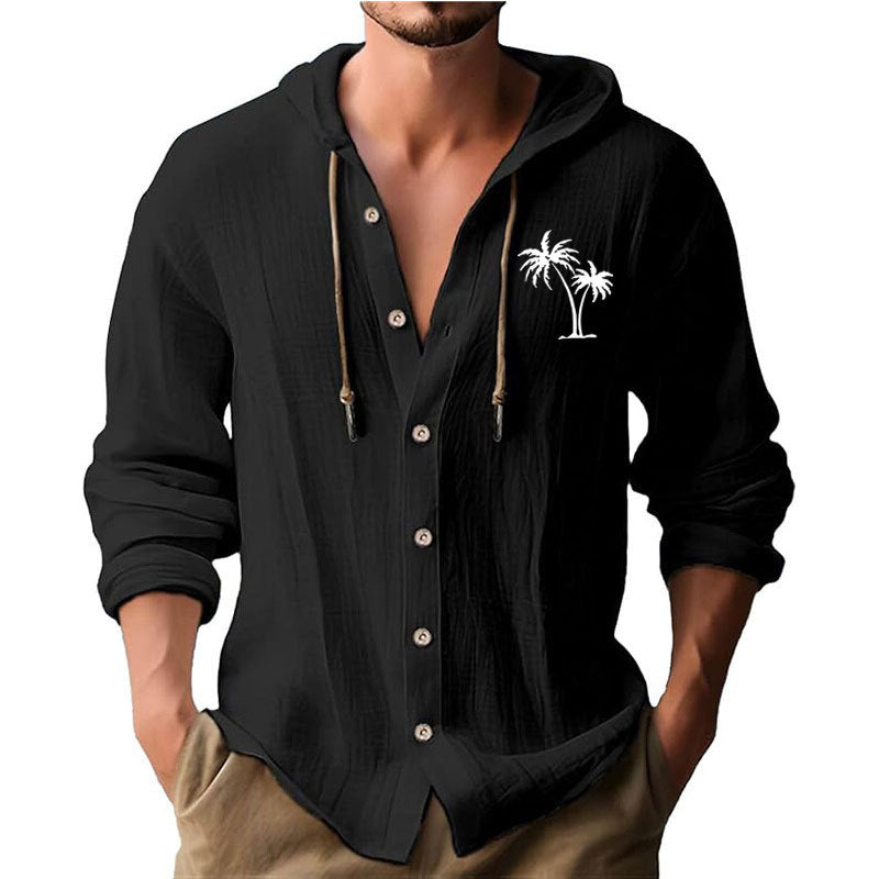 Men's casual hoodie shirt with decorative palm print and button placket Skorter
