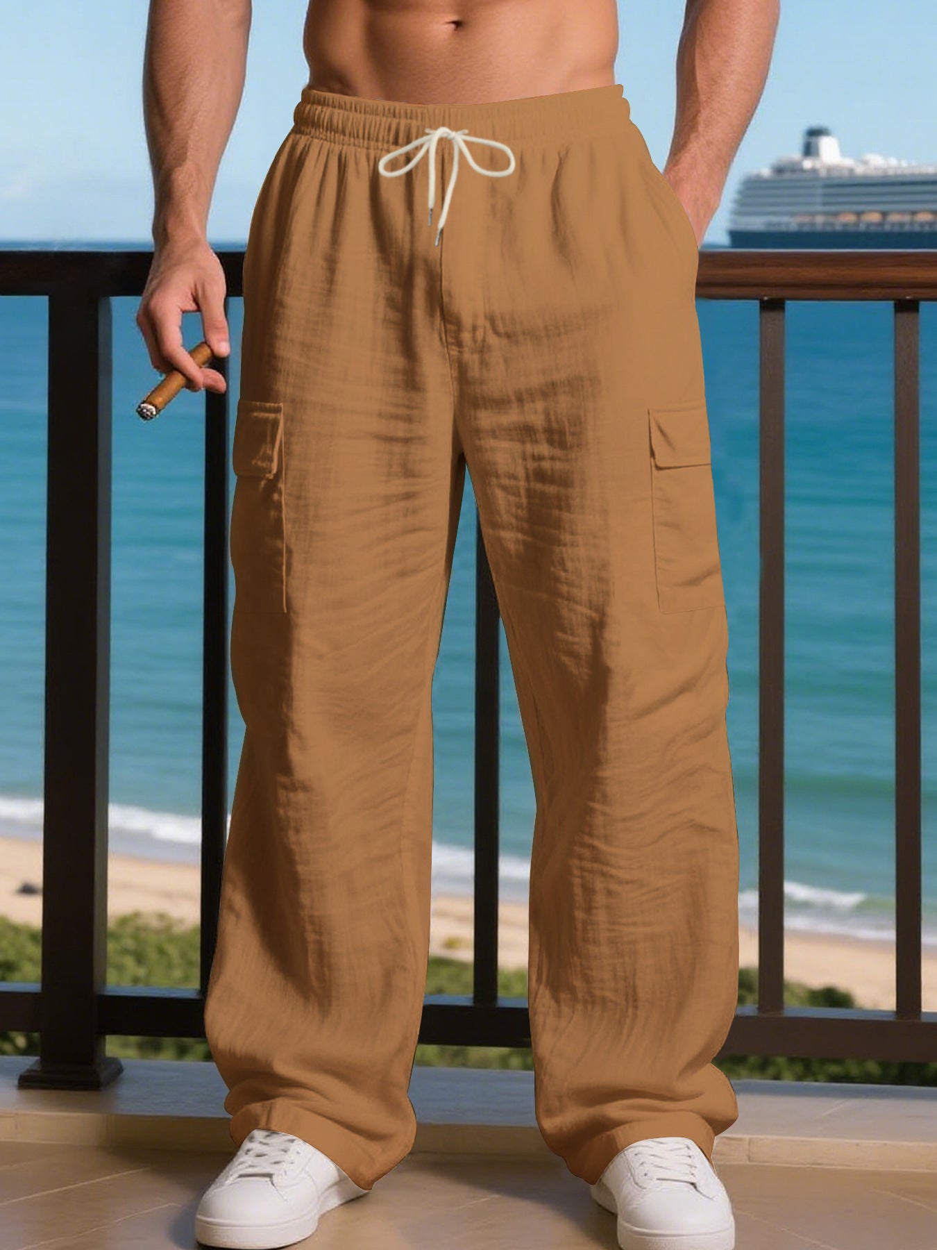 Men's relaxed cargo pants with elastic waistband and practical side pockets Skorter