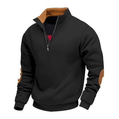 Men's Sporty Stand Collar Sweater with Zipper and Leather Accents Skorter