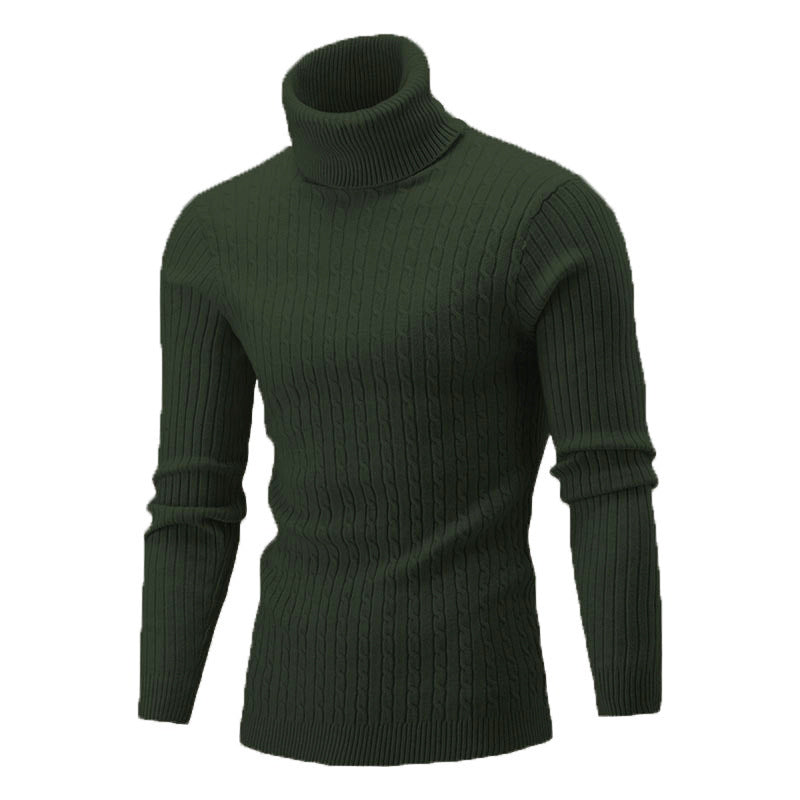 Men's Elegant Knit Sweater with Stand-Up Collar and Fine Cable Knit Pattern Skorter