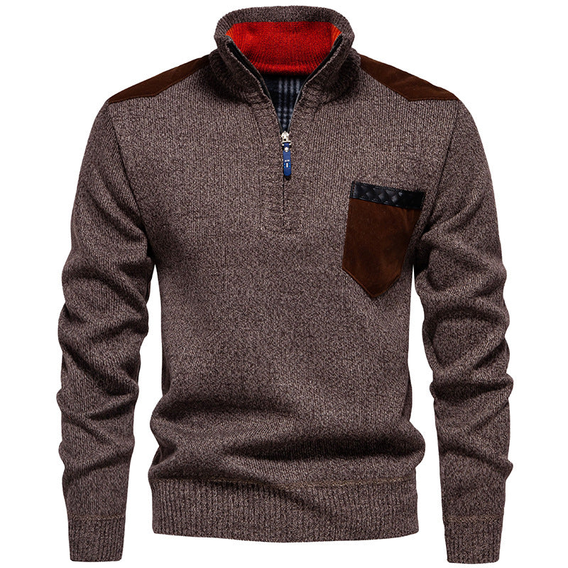 Men's Stand Collar Sweater with Contrasting Details and Practical Pockets Skorter