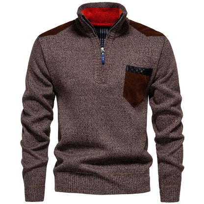 Men's Stand Collar Sweater with Contrasting Details and Practical Pockets Skorter