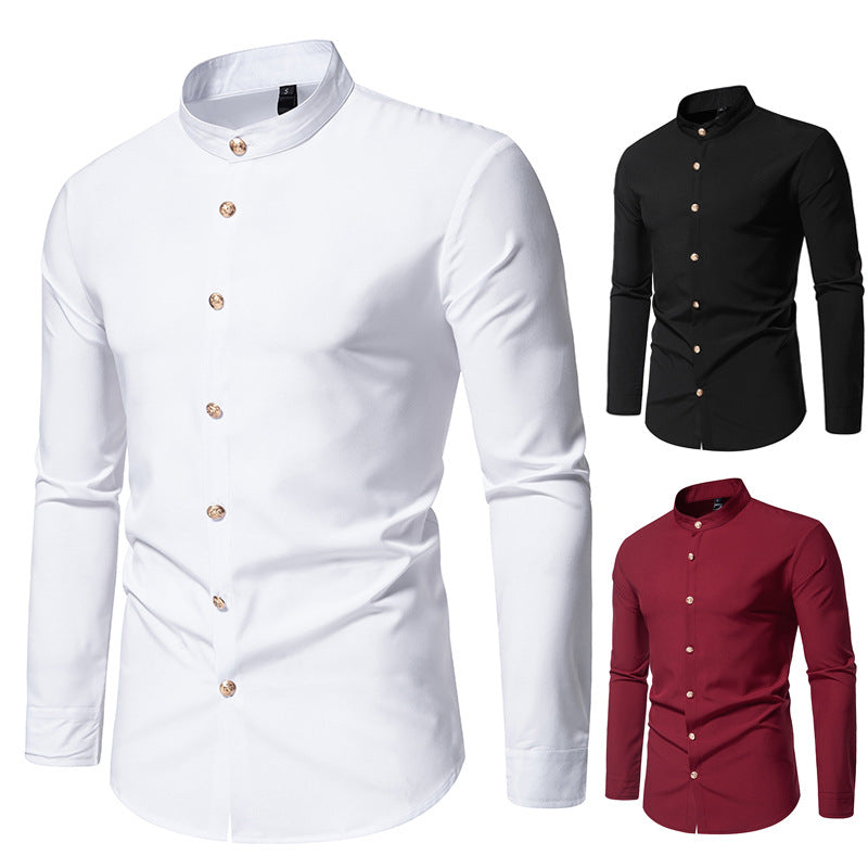 Men's long-sleeved shirt with modern standing collar and elegant button details Skorter
