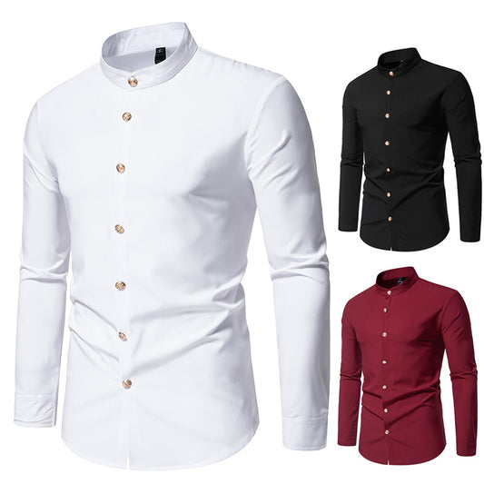 Men's long-sleeved shirt with modern standing collar and elegant button details Skorter