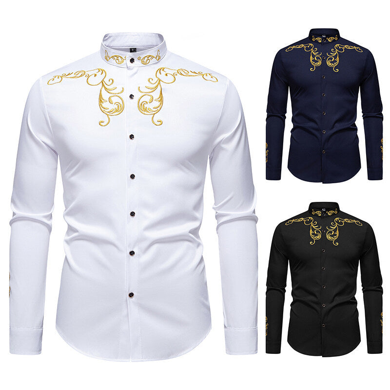 Men's Long Sleeve Shirt with Elegant Embroidery Design Skorter