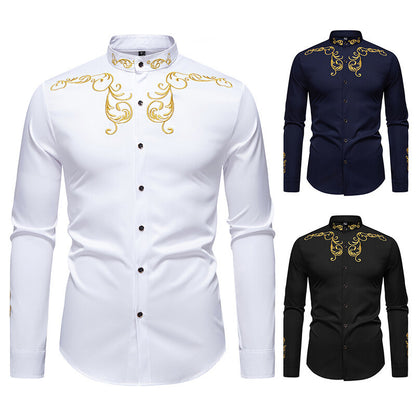 Men's Long Sleeve Shirt with Elegant Embroidery Design Skorter