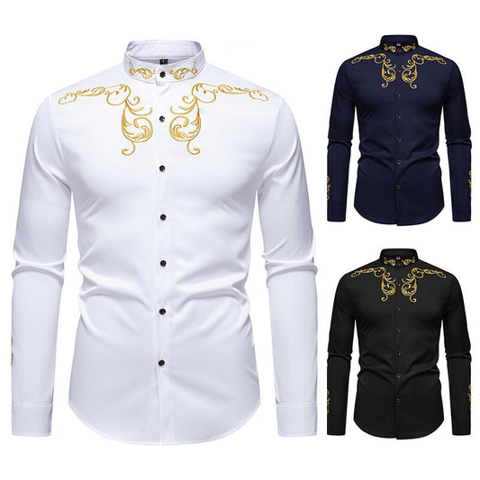 Men's Long Sleeve Shirt with Elegant Embroidery Design Skorter