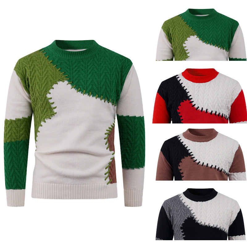 Men's Stylish Knit Sweater with Creative Patchwork Design Skorter
