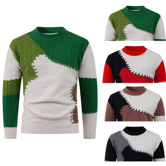 Men's Stylish Knit Sweater with Creative Patchwork Design Skorter