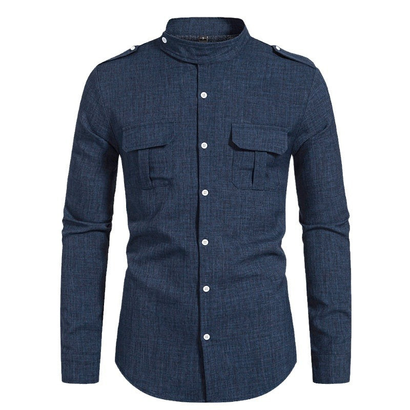 Men's long sleeve shirt with elegant breast pockets and modern stand-up collar Skorter
