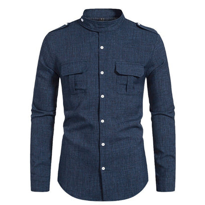 Men's long sleeve shirt with elegant breast pockets and modern stand-up collar Skorter