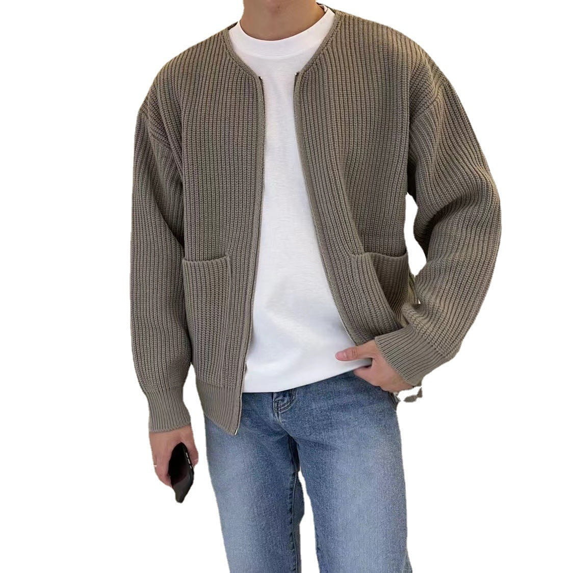Men's chunky knit jacket with voluminous sleeves and stand-up collar Skorter