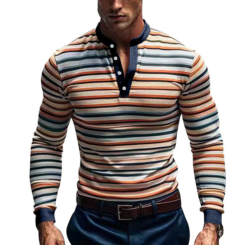 Men's Long Sleeve Shirt with Textured Striped Pattern and Sporty Collar Skorter