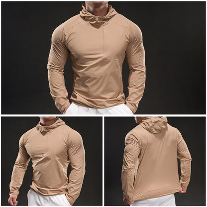 Andningsbar herrträningstopp med huva och dragkedja i fickan Skorter