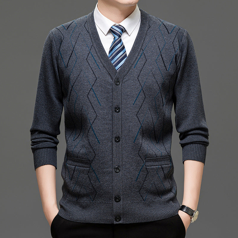 Men's Cardigan with Deep V-Neck and Elegant Diamond Pattern Skorter