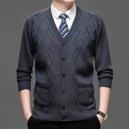 Men's Cardigan with Deep V-Neck and Elegant Diamond Pattern Skorter
