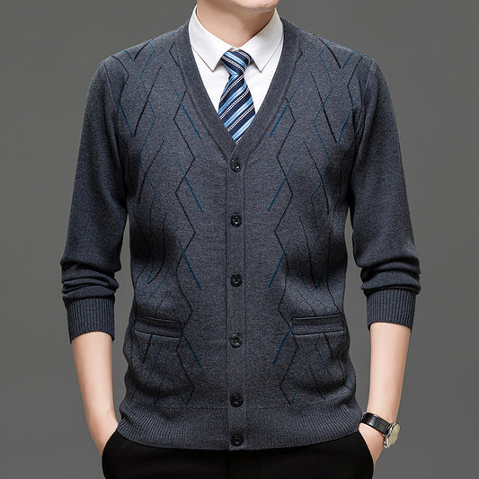 Men's Cardigan with Deep V-Neck and Elegant Diamond Pattern Skorter