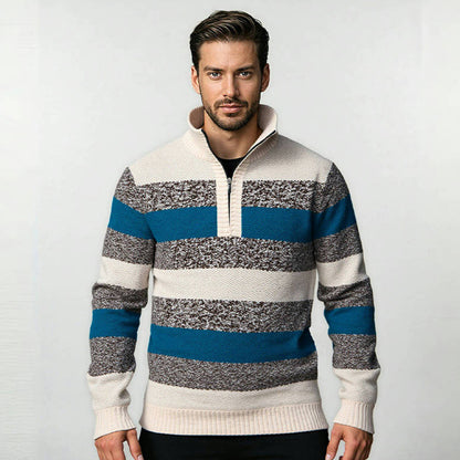 Men's stylish knitted sweater with half zipper and striped design Skorter