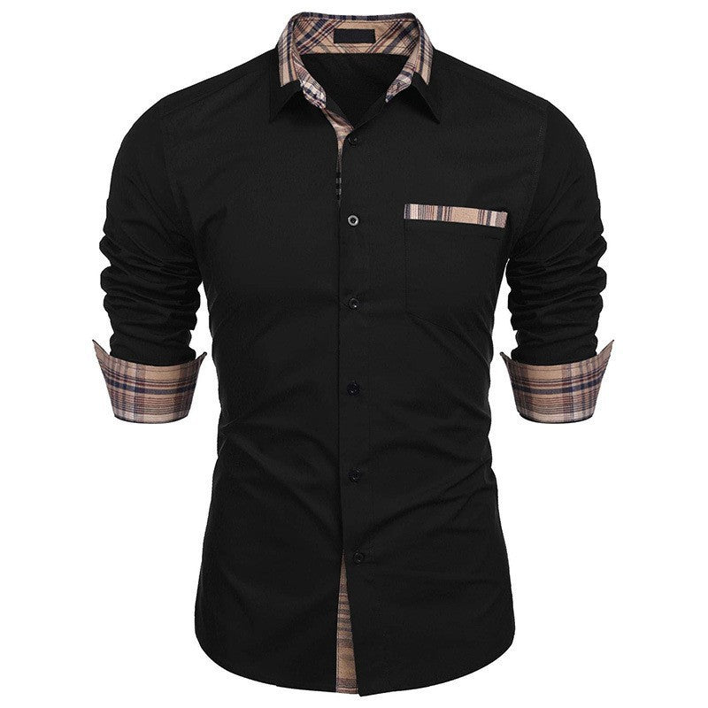 Men's Business Shirt with Fashionable Check Collar and Practical Chest Pocket Skorter