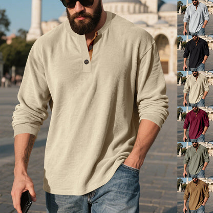 Men's long-sleeve shirt with textured ribbed look and fashionable button placket detail Skorter