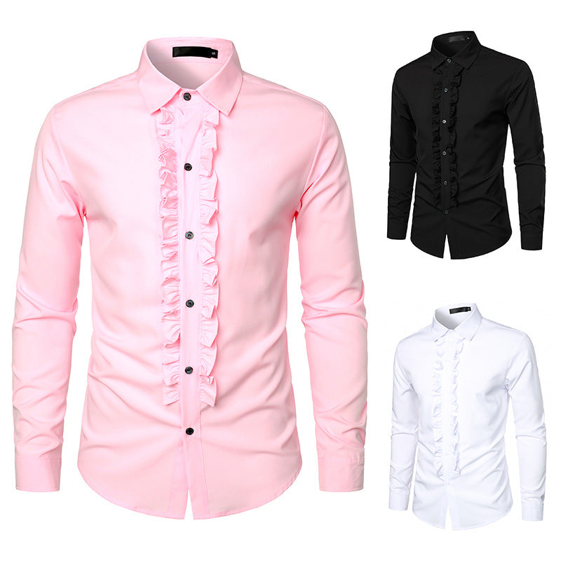 Men's elegant wedding blouse with ruffles and button detail Skorter