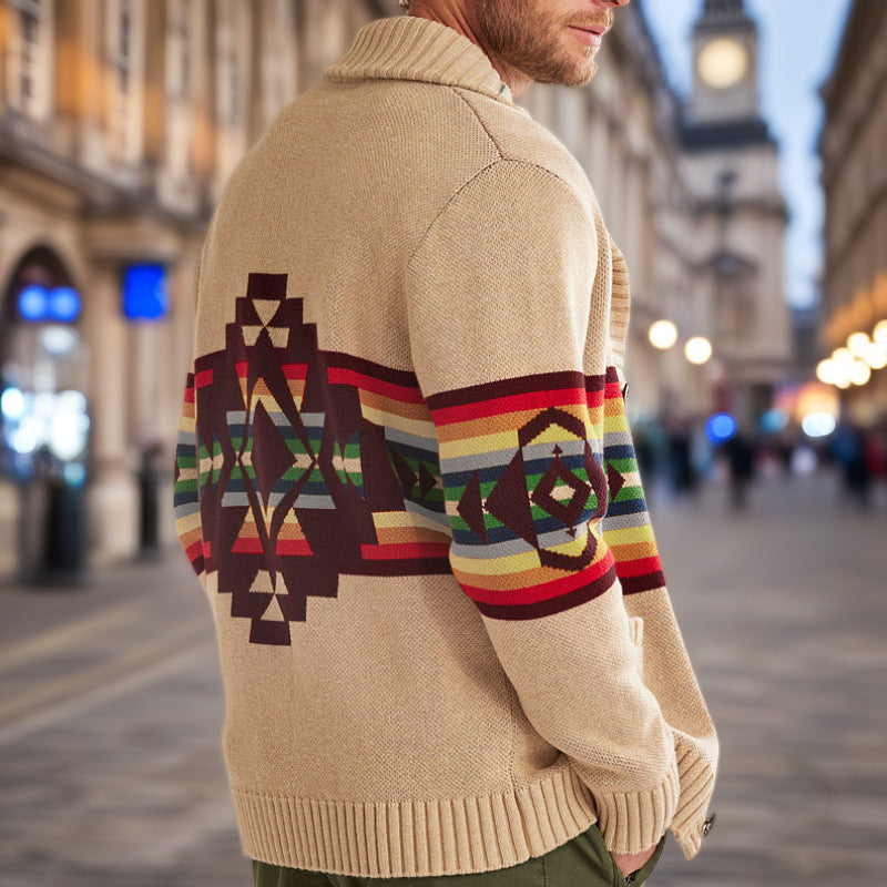 Herrkofta med färgglada mönster och mysig sjalkrage Skorter