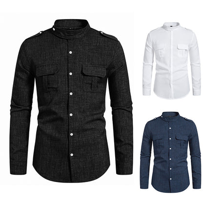 Men's long sleeve shirt with elegant breast pockets and modern stand-up collar Skorter
