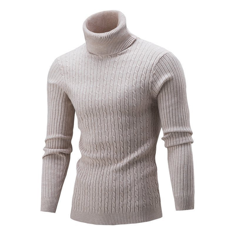 Men's Elegant Knit Sweater with Stand-Up Collar and Fine Cable Knit Pattern Skorter