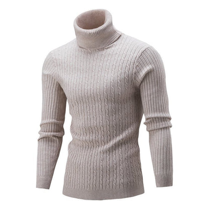 Men's Elegant Knit Sweater with Stand-Up Collar and Fine Cable Knit Pattern Skorter