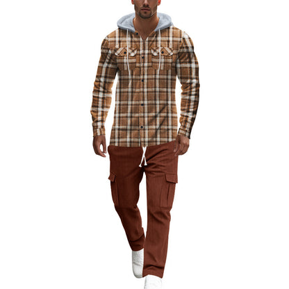Men's plaid leisure shirt with hood and practical kangaroo pockets Skorter