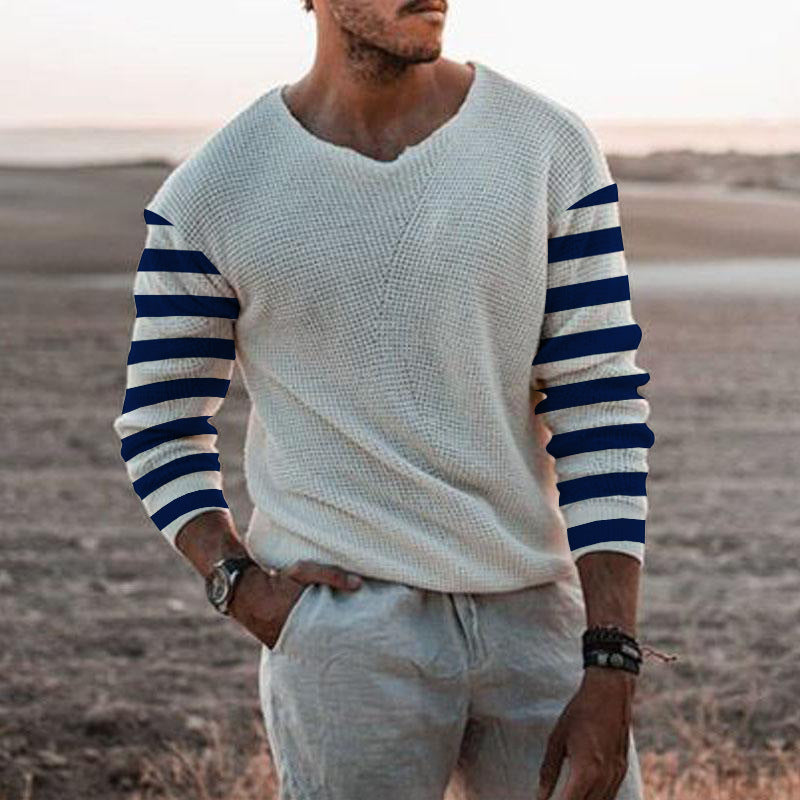 Men's stylish knit sweater with V-neck and textured surface Skorter