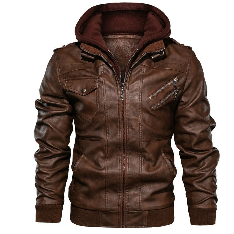 Men's Biker Jacket with Removable Hood and Functional Pockets Skorter