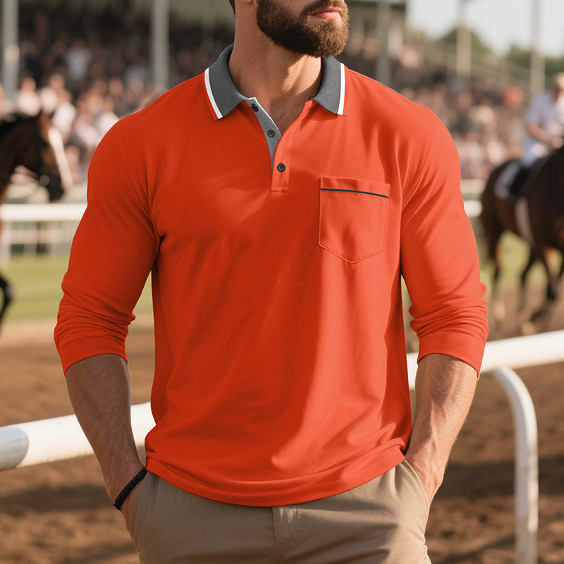 Men's stylish long sleeve polo shirt with textured surface and practical chest pocket Skorter