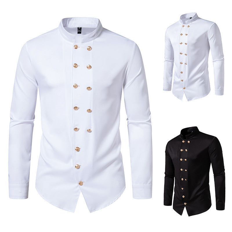 Men's Long Sleeve Shirt with Traditional Stand Collar and Decorative Buttons Skorter
