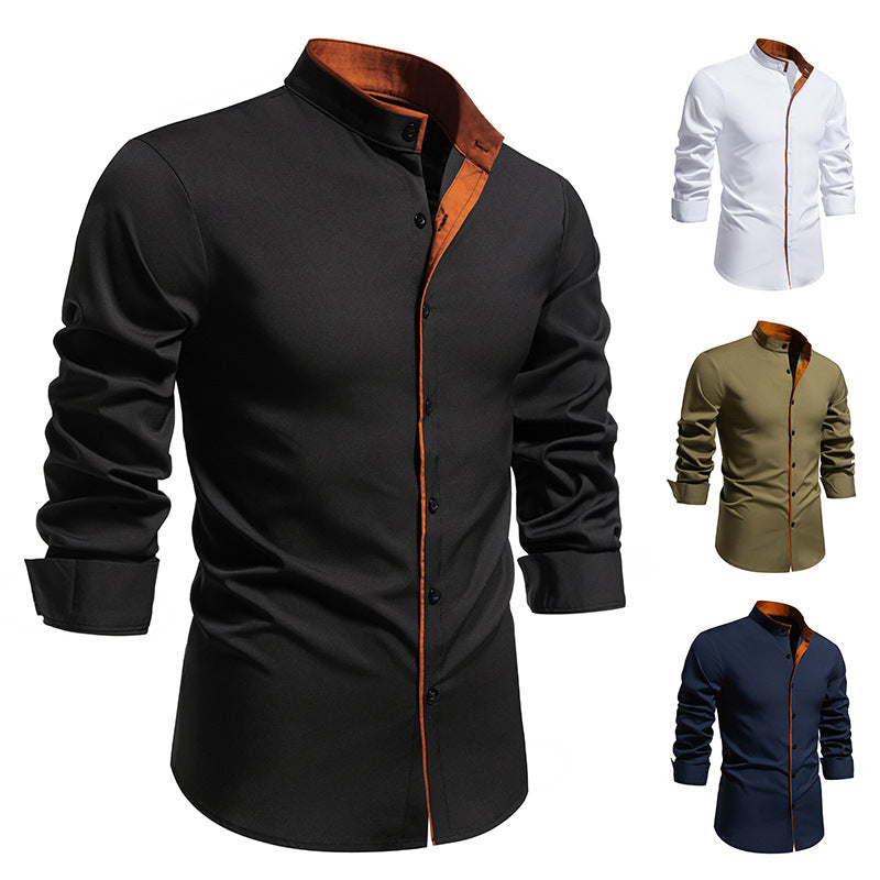 Men's long sleeve shirt with modern stand-up collar and embroidered detail Skorter