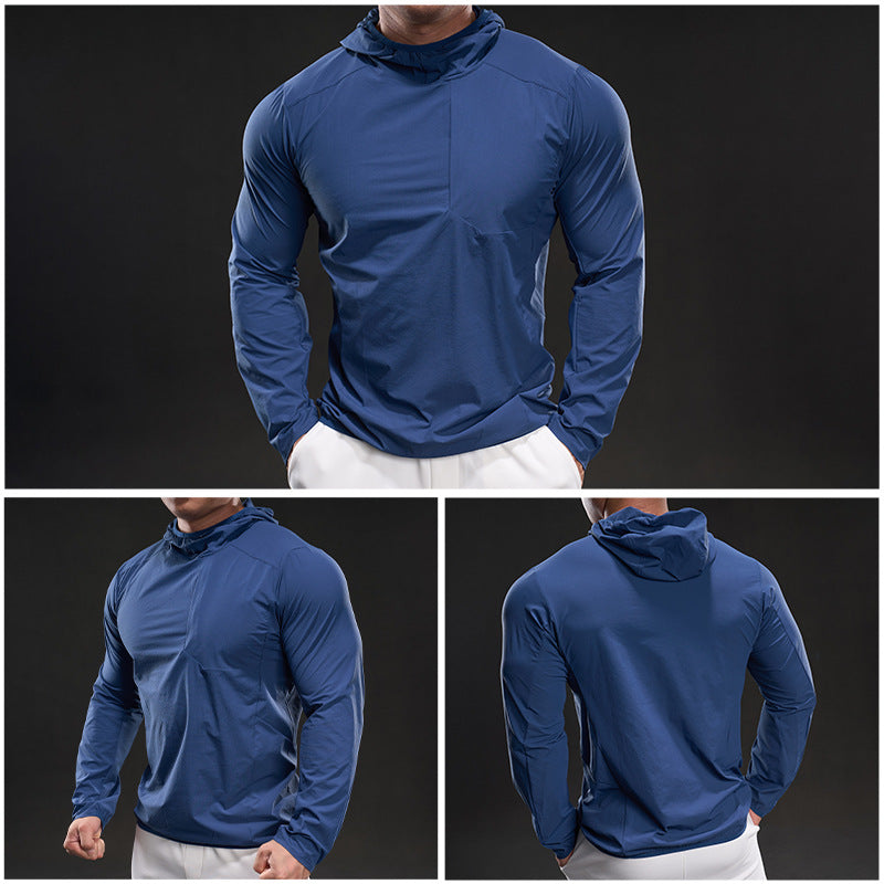 Andningsbar herrträningstopp med huva och dragkedja i fickan Skorter