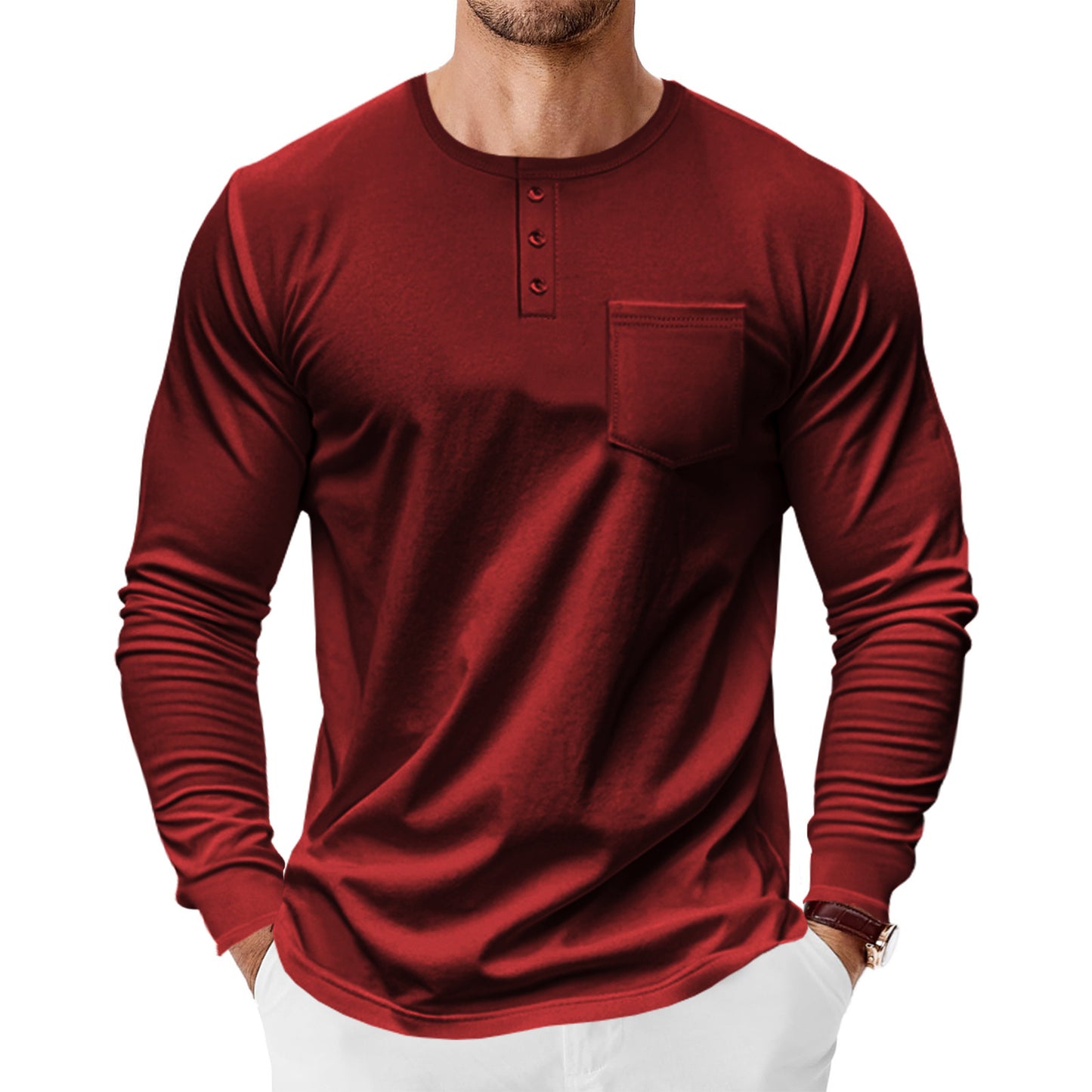 Men's long-sleeve shirt with fashionable Henley neckline and practical breast pocket Skorter