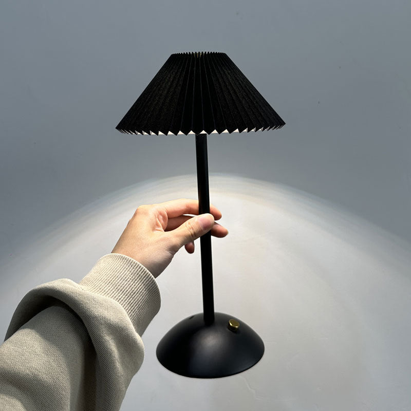 Skorter | Contemporary Scandinavian rechargeable iron fabric cone pleated LED table lamp for bedside